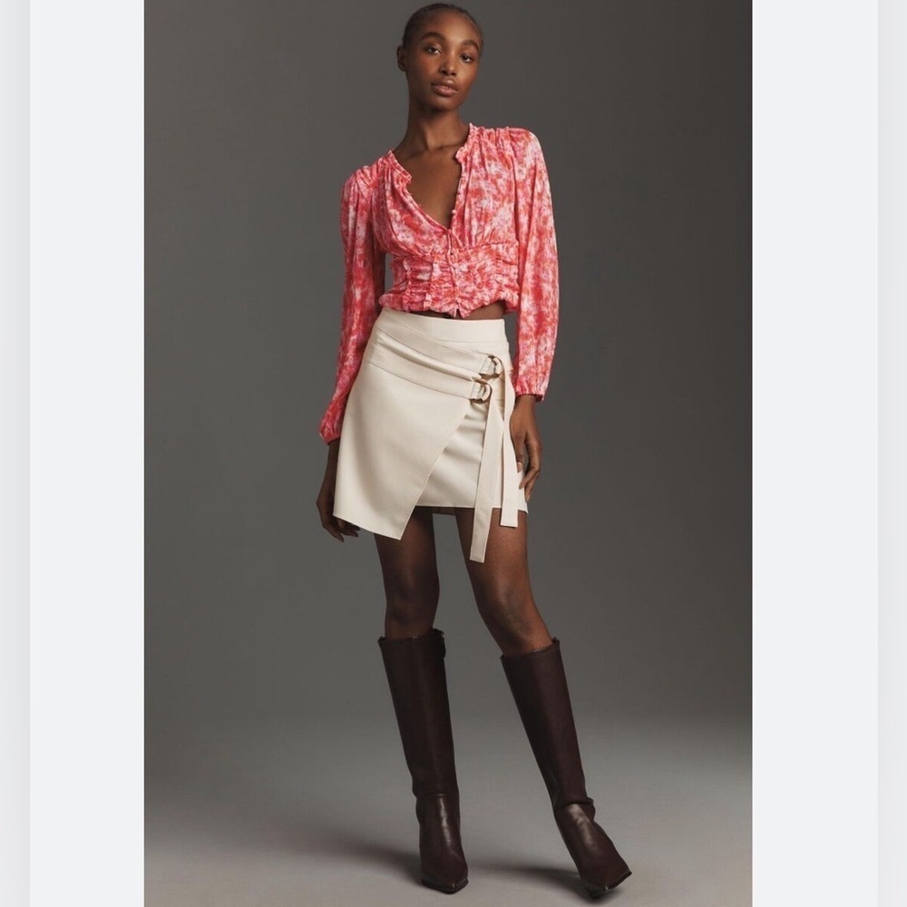 By Anthropologie NWOT Long-Sleeve Femme Ruched Cropped Top Pink Size Medium R27